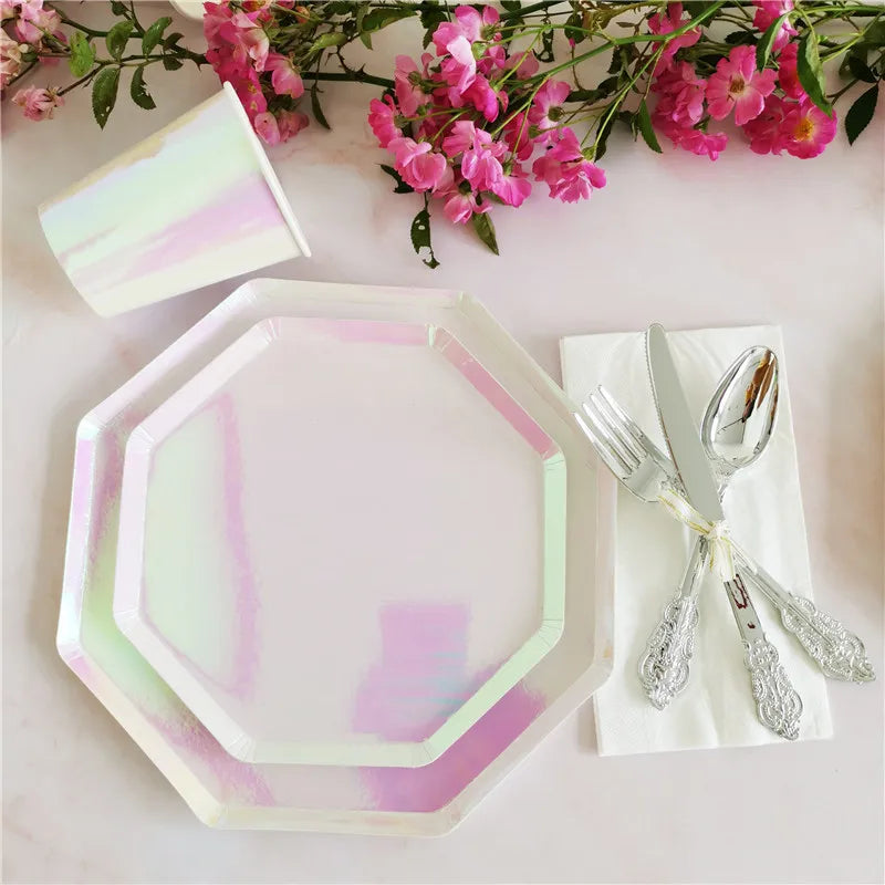 Rose Gold Disposable Tableware sets Paper Plates/cups/straws Iridescent Wedding Birthday Party Decor rainbow Dish Party Supplies Good Vibrations