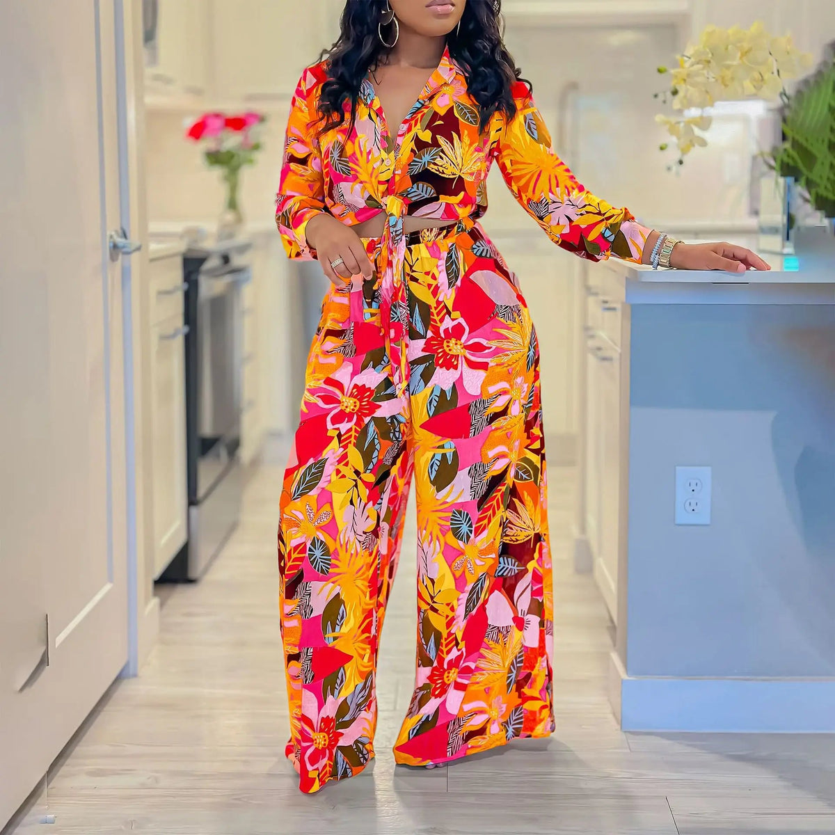 Two Piece Set Women Clothing Print Polo Collar Long Sleeve Shirt Top Wide Leg Pants 2 Piece Set Women Outfits for Women Good Vibrations