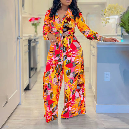 Two Piece Set Women Clothing Print Polo Collar Long Sleeve Shirt Top Wide Leg Pants 2 Piece Set Women Outfits for Women Good Vibrations
