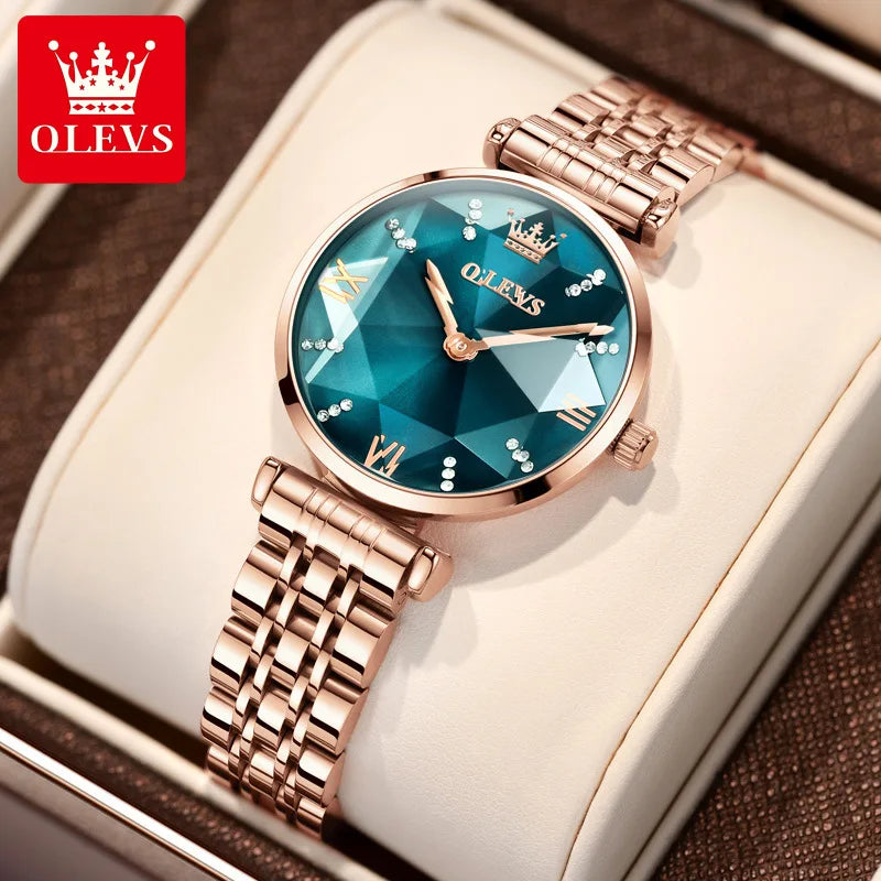 OLEVS Hot Sale Charm Dress Ladies Watch Quartz Stainless Steel Diamond Shape Starry Sky Women Watches Luxury Watch Gift Mom Wife Good Vibrations