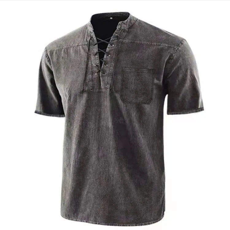 Men's Pirate Shirt Steampunk Retro Lace-Up Shirt Medieval T-Shirts Casual Tunic Tops Tee Gothic Halloween Costume Good Vibrations