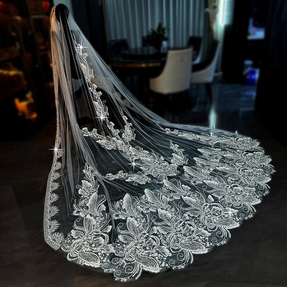 Feishiluo  Luxury One Layer Bead Bridal Veil  with Bead  Lace and Embroidery Wedding Veil in Elegant Style 3.5 Meters Long Good Vibrations