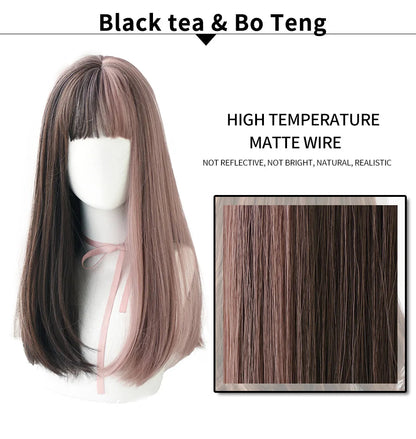 7JHHWIGS Long Wavy Synthetic Black Wigs For Women With Fringe Fashion Heat Resistant Mid-Length Daily Straight Light Brown Hair Good Vibrations