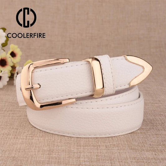Fashion Women Leather Belts High Quality Gold Buckle Best Matching Dress Jeans Belts for Lady LB2146 Good Vibrations