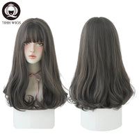 7JHHWIGS Long Wavy Synthetic Black Wigs For Women With Fringe Fashion Heat Resistant Mid-Length Daily Straight Light Brown Hair Good Vibrations