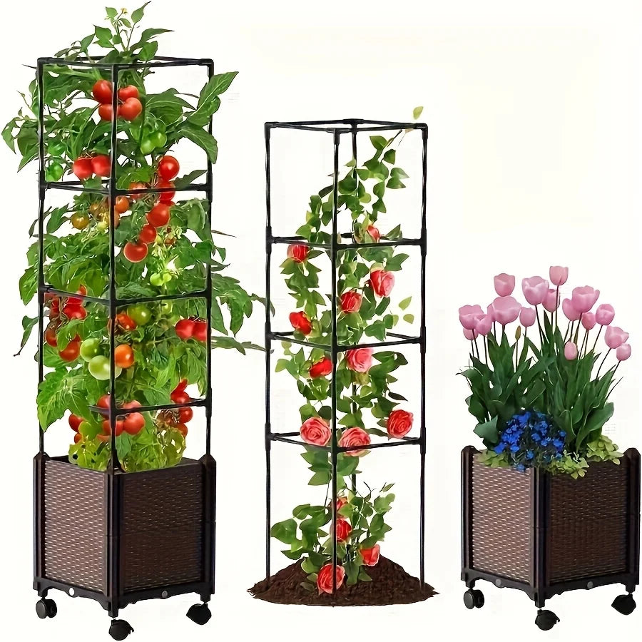 Raised Garden Bed Planter Box with Trellis,Self-Watering Tomato Cage Planters for Garden Climbing Plants Vegetable Vine Flower Good Vibrations
