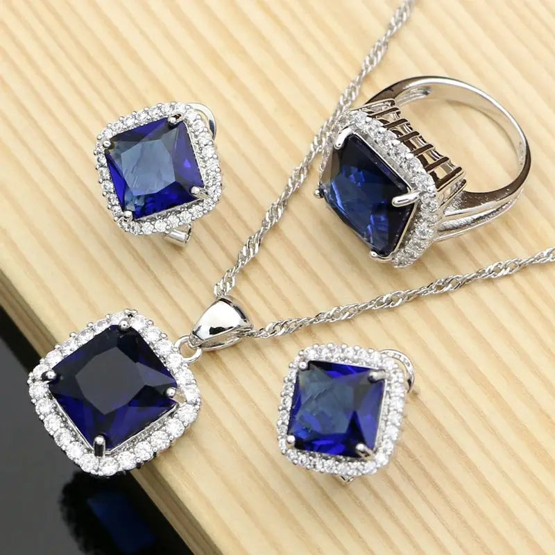 925 Silver Jewelry Sets Square Blue Sapphire Costume for Women Hoop Earrings Rings Bracelet Necklace Set Dropshipping Good Vibrations
