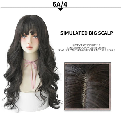 7JHHWIGS Long Wavy Synthetic Black Wigs For Women With Fringe Fashion Heat Resistant Mid-Length Daily Straight Light Brown Hair Good Vibrations