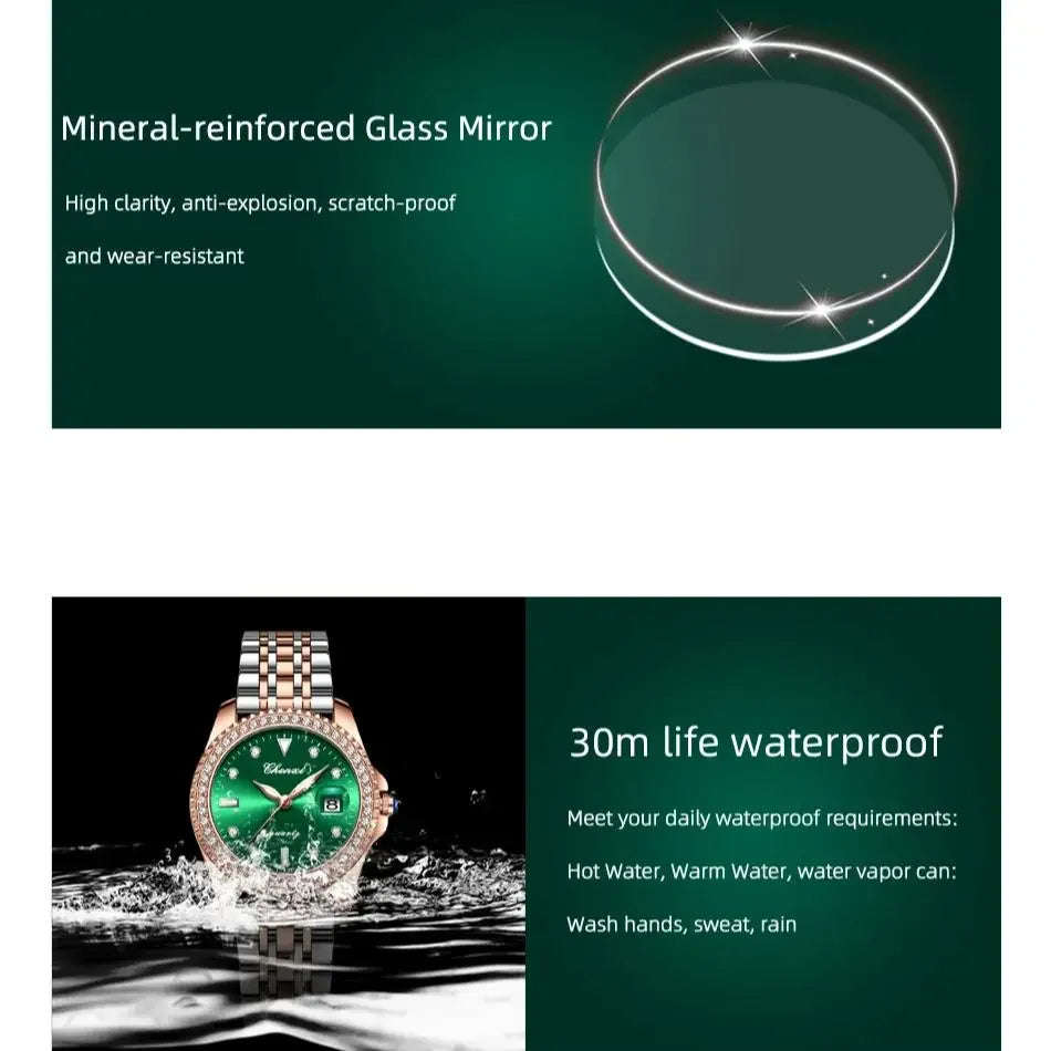 CHENXI Women Watch 385 Fashion Luxury Green Rhinestone Dial Stainless Steel Diamond Quartz Watches for Lady Dress Bracelet Gift Good Vibrations