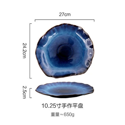 Household Ceramic Dinner Plate European Style Blue Glaze Salad Bowl Irregular Tableware Western Dinner Plate/kitchen Supplies Good Vibrations