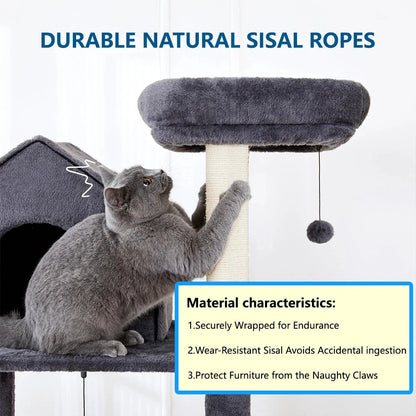 60-Inch Indoor Cat Tower with Cozy Plush Hammock 2 Hanging Balls Top Perch Sisal Scratching Posts Multi-Level Cat Tree Bed Good Vibrations