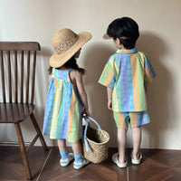 Children's Summer Set Boys Cotton 2024 New Baby Summer Dress Western Style Girls Dress Sister and Brother Good Vibrations