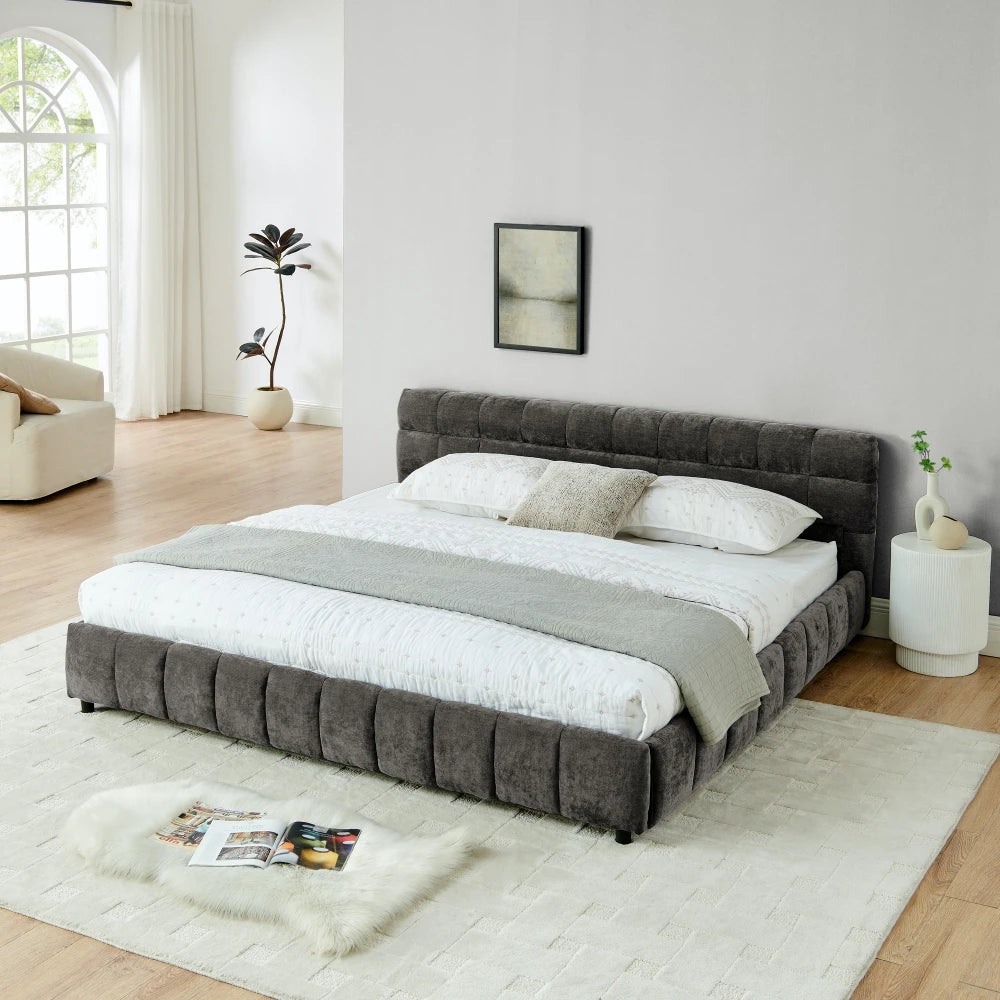 Modern Luxury Queen/King Size Upholstered Bed Frame Soft Chenille Fabric Bedroom Furniture with Wooden Structure Good Vibrations