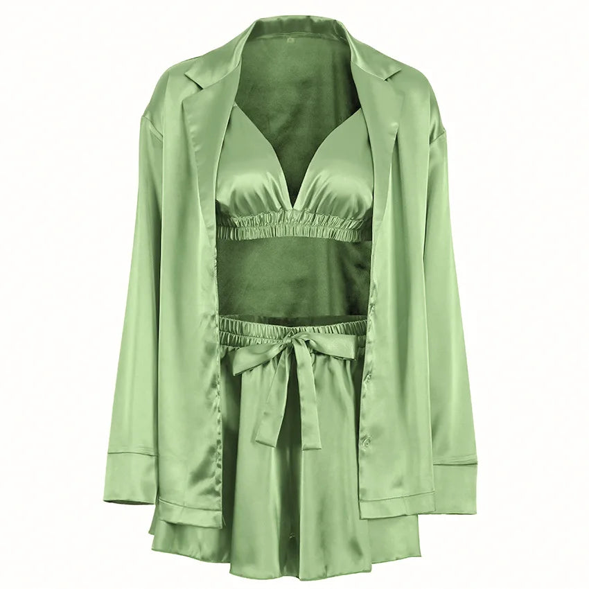 Enyami Elegant Spring Autumn Sexy Fashion Romantic Pajama 3 Piece Bra Blouse Shorts Satin Sleepwear Women Set Good Vibrations
