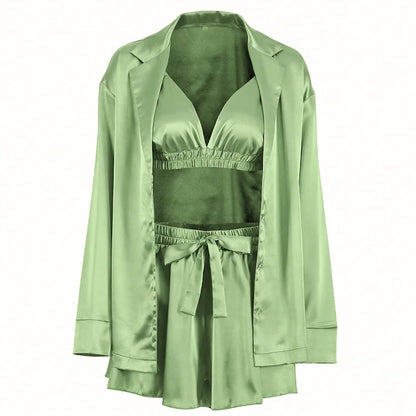 Enyami Elegant Spring Autumn Sexy Fashion Romantic Pajama 3 Piece Bra Blouse Shorts Satin Sleepwear Women Set Good Vibrations