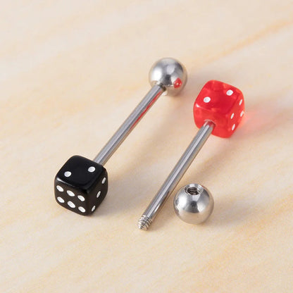2pcs Good Luck Dice Tongue Ring Surgical Steel Tongue Piercing Barbell Colorful Labret Stud Bar for Women Men Body Jewelry 14G Good Vibrations
