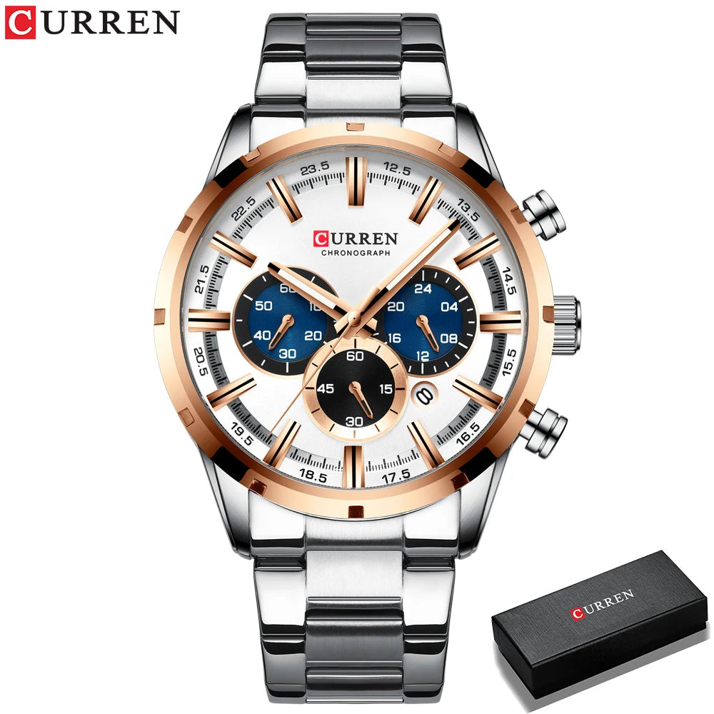 Curren Men's Watch Blue Dial Stainless Steel Band Date Mens Business Male Watches Waterproof Luxuries Men Wrist Watches for Men Good Vibrations