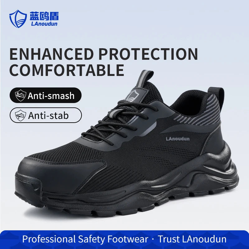 Lanoudun Assembly Line Safety Shoes For Men Black Steel Toe Puncture Resistant EN Standard Cap Microfiber Good Vibrations