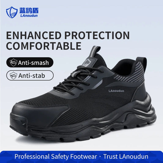 Lanoudun Assembly Line Safety Shoes For Men Black Steel Toe Puncture Resistant EN Standard Cap Microfiber Good Vibrations