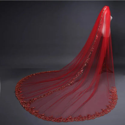 New Arrival Red Bridal Veils Long 3M Cathedral Wedding Veils One -Layer Gold Sequins Lace Applique Bridal Veil With Comb Good Vibrations