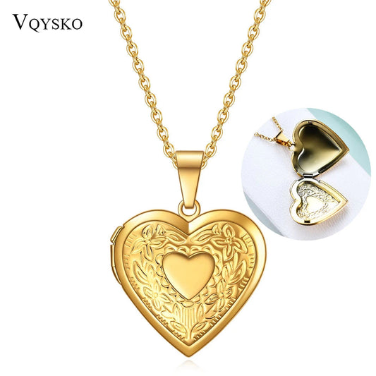 Fashion Heart Locket Pendant Necklaces for Women Openable Photo Frame Floral Stainless Steel Necklaces Family Love Collar Good Vibrations