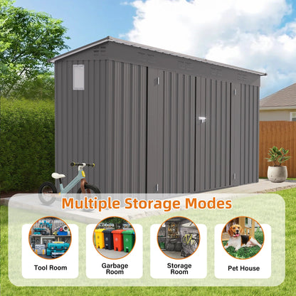 9X4FTfree Shipping in Stock  Gray Metal Garden Shed for Tools Sloping Roof 6 Vents 2 Swing Doors Steel Frame for Backyard Patio Good Vibrations