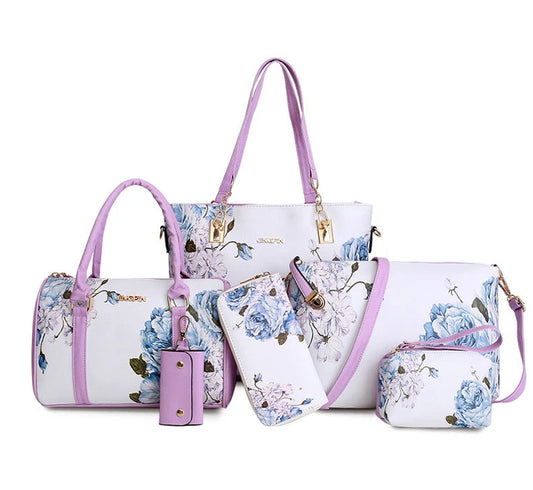 2025 Drop Shipping 6 Piece Set Women Handbags Floral Print PU Leather Composite Bag Clutch Set Large Shoulder Bag Purse Female Good Vibrations