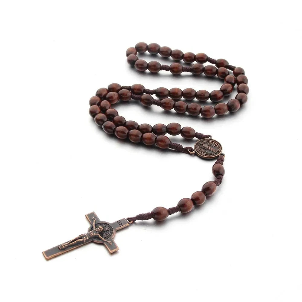 Jesus Cross Pendant Necklace Catholic Rosary Christian Religious Cross Hand Made Wooden Beads Exorcism Necklace Vintage Jewelry Good Vibrations