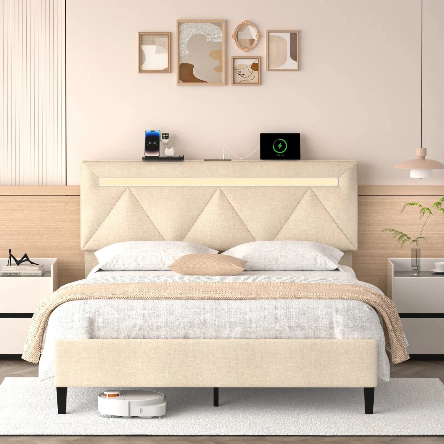 Adjustable Full Bed Frame with LED Lights & Charging Station Modern Upholstered Platform Bed Headboard & Frame King Size Good Vibrations