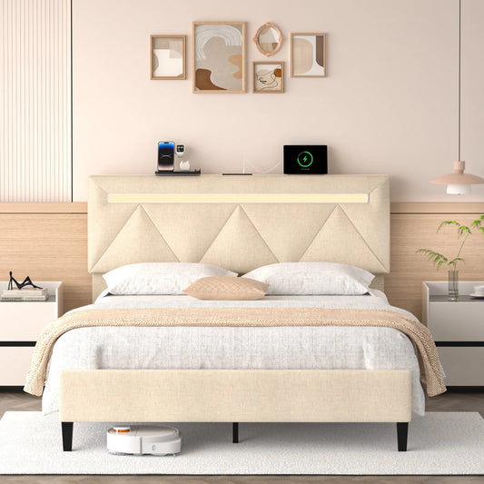 Adjustable Full Bed Frame with LED Lights & Charging Station Modern Upholstered Platform Bed Headboard & Frame King Size Good Vibrations