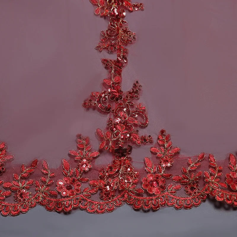 New Arrival Red Bridal Veils Long 3M Cathedral Wedding Veils One -Layer Gold Sequins Lace Applique Bridal Veil With Comb Good Vibrations