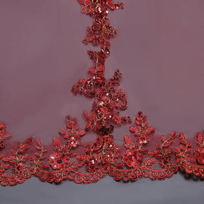 New Arrival Red Bridal Veils Long 3M Cathedral Wedding Veils One -Layer Gold Sequins Lace Applique Bridal Veil With Comb Good Vibrations