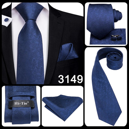 Hi-Tie Navy Blue Solid Paisley Silk Wedding Tie For Men Hanky Cufflink Mens Necktie Set Business Party New Design Dropshipping Good Vibrations