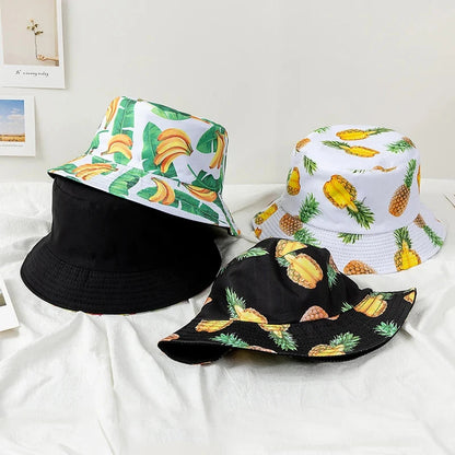 Hot Sale Unisex Bucket Hats Summer Double-sided Wear Fruit Printing Women Cap Outdoor Sun Hat Men Classic Panama Bucket Hat Good Vibrations