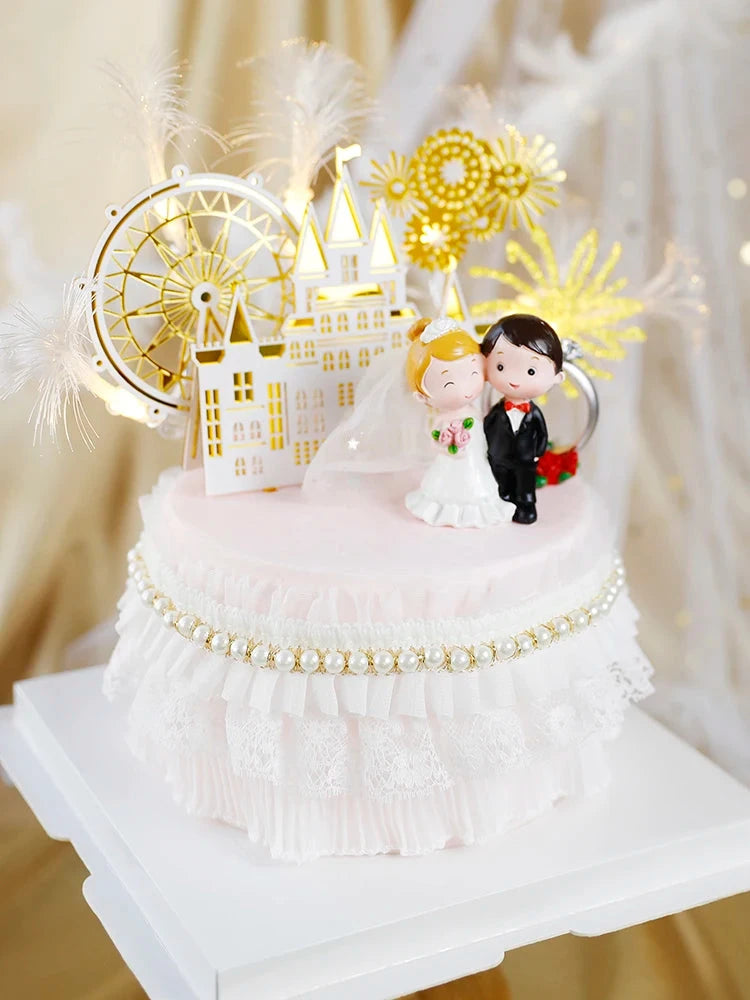 Happy Wedding  Anniversary Gold Castle Acrylic Cake Toppers  Bride Groom Mr Mrs Wedding Diamond Ring Cake Supplies Decoration Good Vibrations