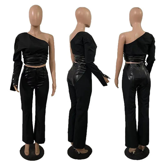 Street Fashion Motorcycle Style One Shoulder Shirt and Leather Pants Two Piece Set Sexy Club Women Outfits Good Vibrations