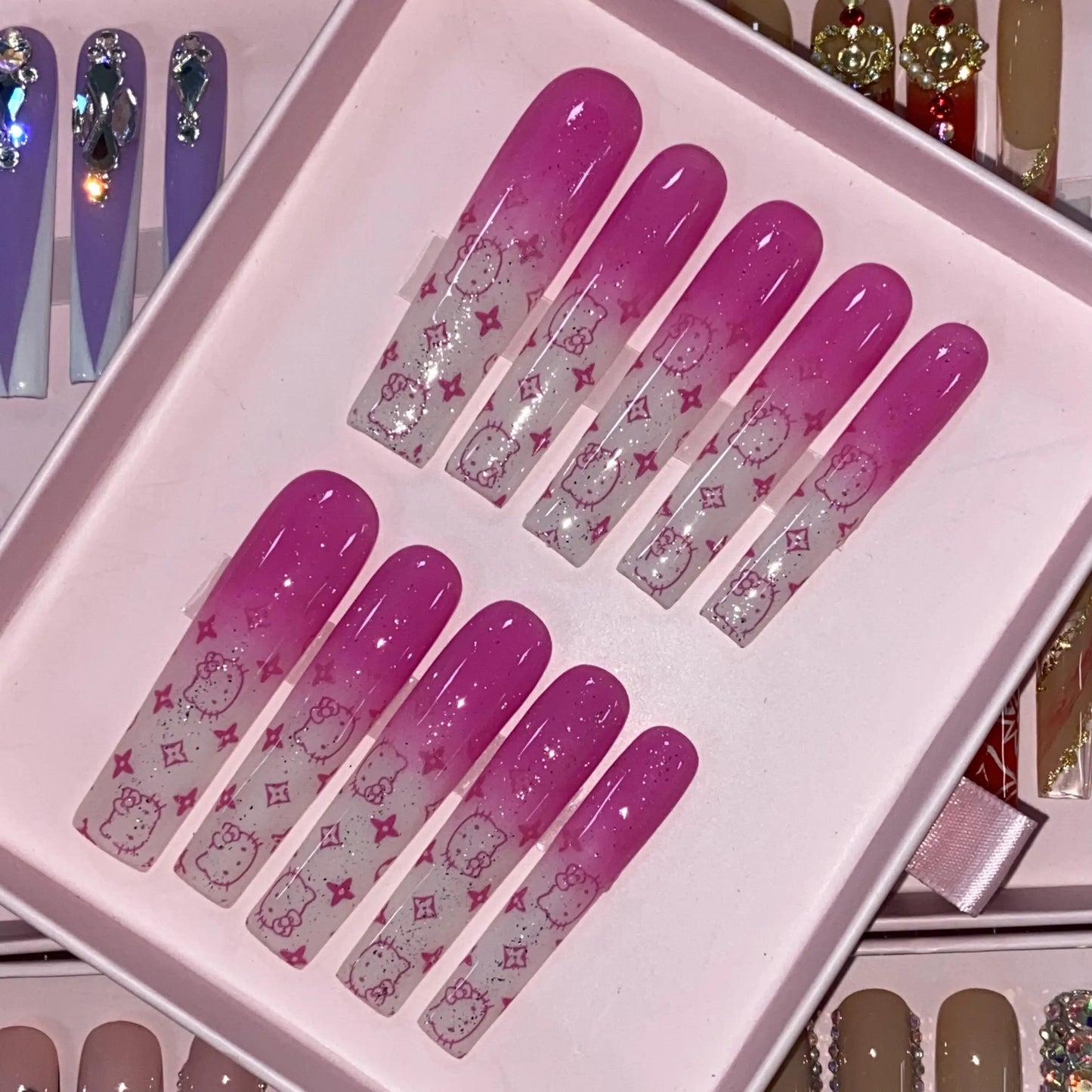 High Quality Multiply Designs 3D Handmade Customize Salon Press on Nails Acrylic Materials Set Good Vibrations