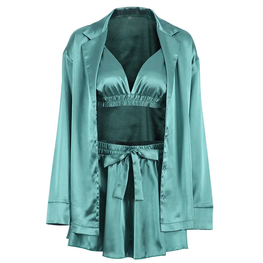 Enyami Elegant Spring Autumn Sexy Fashion Romantic Pajama 3 Piece Bra Blouse Shorts Satin Sleepwear Women Set Good Vibrations