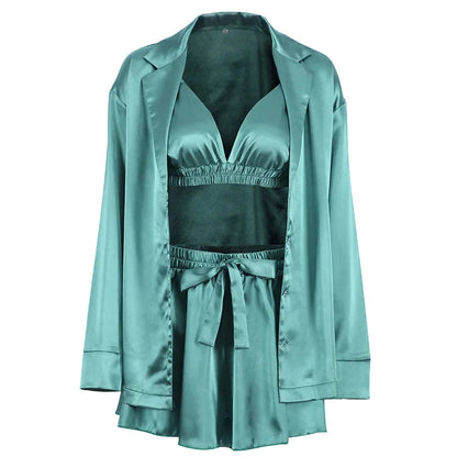 Enyami Elegant Spring Autumn Sexy Fashion Romantic Pajama 3 Piece Bra Blouse Shorts Satin Sleepwear Women Set Good Vibrations