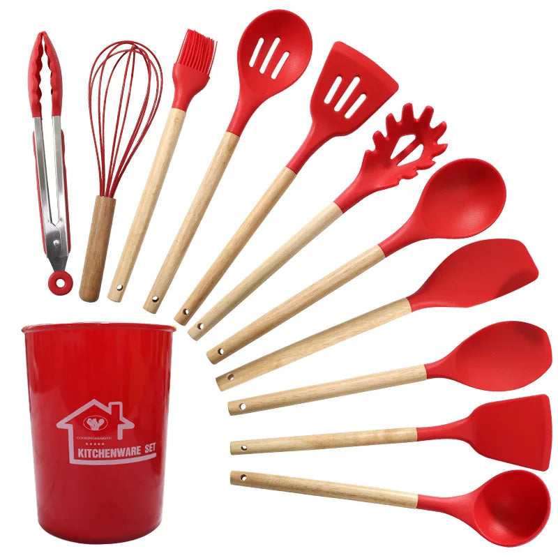 2022 Christmas Gift Food Grade Silicone Cutlery Set Wooden Handle Kitchen Gadgets Kid With Spatula Spoon Spaghetti Server Laddle Good Vibrations