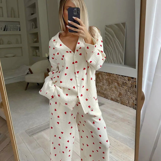 Printed Blouse and Wide Leg Pants Home Loungewear Sets Two Piece Clothing Pyjamas Women's Sleepwear Cotton Pajamas for Women Set Good Vibrations