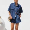 Trendy Women Set 2 Piece Casual Short Sleeve Boxy Shirt Tops and Shorts Lounge Sets Outfits 2025 Summer Denim Set for Women Good Vibrations