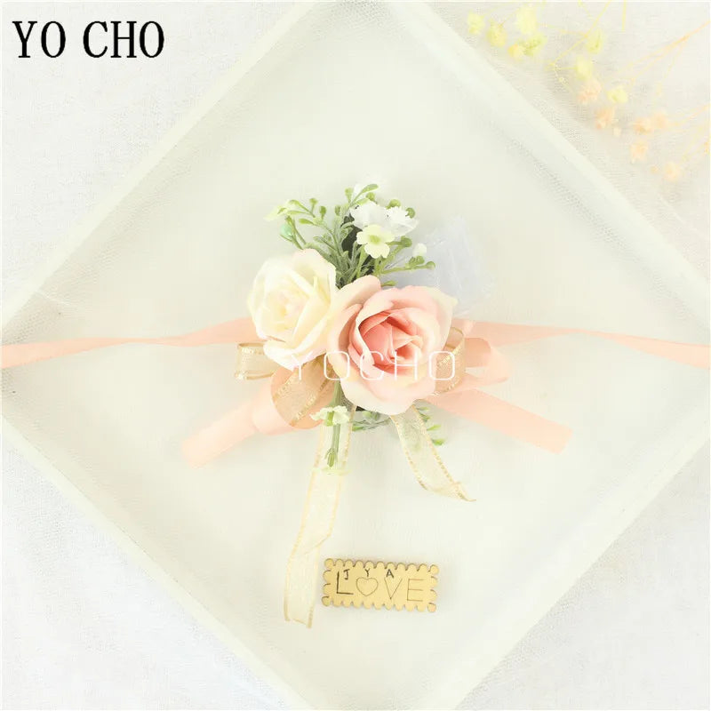 Wedding Groom Boutonniere Bride Bridesmaid Women Hand Wrist Flower Silk Rose Boutonniere Buttonhole for Marriage Party Flower Good Vibrations