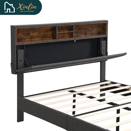 Free Shipping US Warehouse Linen Fabric Full-Size Murphy Bed with Storage Headboard Upholstered Platform Bed & USB Port Good Vibrations