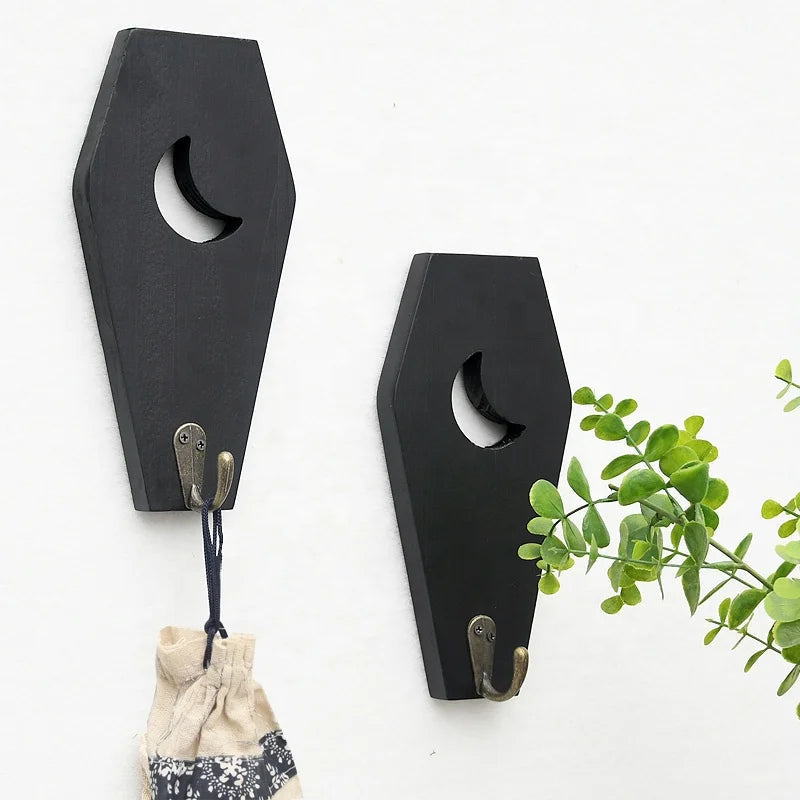 2 PCS Rustic Wall Mounted Coffin Key Holder Spooky Gothic Home Decor Halloween Decor Black Wooden Hanger Hooks for Keys Mugs Good Vibrations