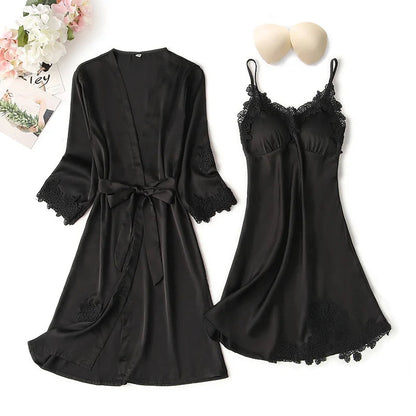 Women Satin Sexy Sets Ladies Nightgown Print Two-pieces Silk Sleepwear Robe+Nightdress Lounge Sets Pijama Good Vibrations