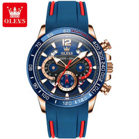OLEVS 9936 New Silicone Blue Strap Multi-function Men Wristwatch Waterproof Quartz Sport Watch for Men Luminous Calendar Logo Good Vibrations