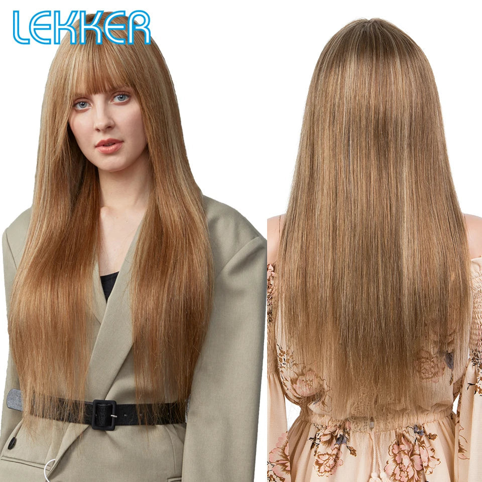 Lekker Highlight Brown Blonde 613 Straight Human Hair Wig With Air Bangs For Women Brazilian Remy Hair Colored Glueless Wigs Good Vibrations
