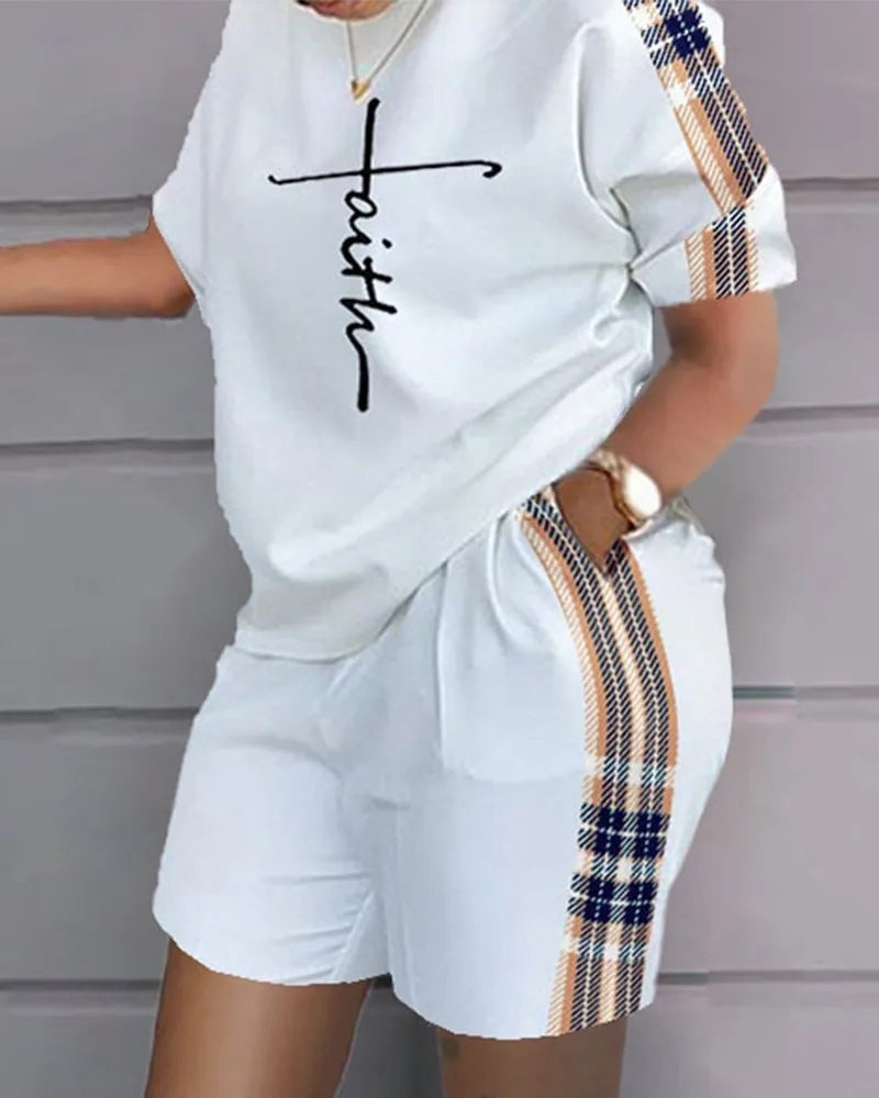 Summer Fashion Casual Printed Short Sleeve Shirt High Waist Shorts 2 Piece Women Outfits Set Suits Good Vibrations