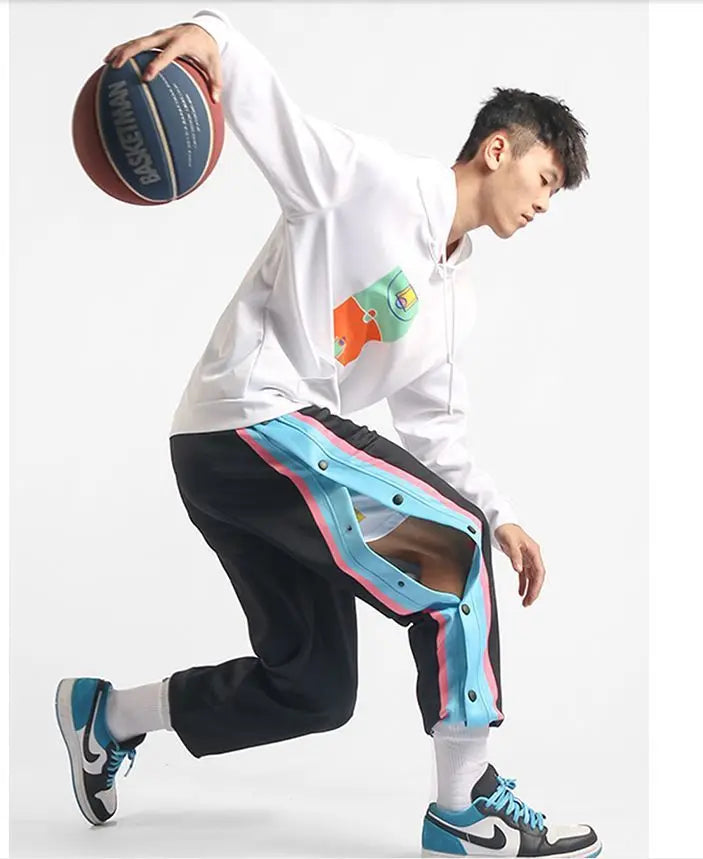 Harajuku Fashion Sports Men Pants Daily Outdoor Basketball Sweatpants Hollow Out Side Stripe Button Fly Design Creative Trousers Good Vibrations